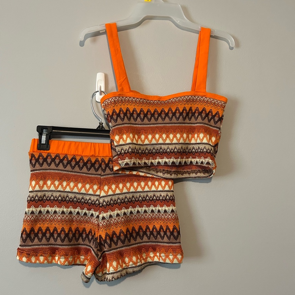 Orange and Brown Geometric Knit Set Crotchet Coordinated Sets Brown Orange - Picture 2 of 5